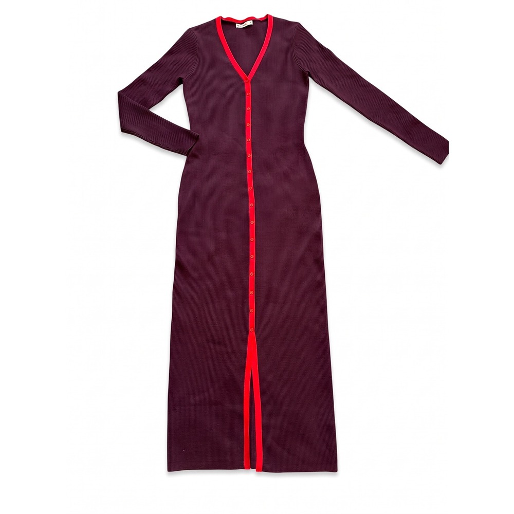 Minimalist Marine Layer Ribbed Knit Maxi Cardigan Dress S Plum Red Trim